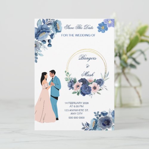 Minimal Blue Floral with Wedding Couple  Invitation