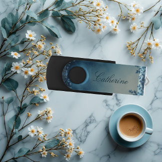 Minimal Blue French Toile Indigo Vintage Floral Flash Drive