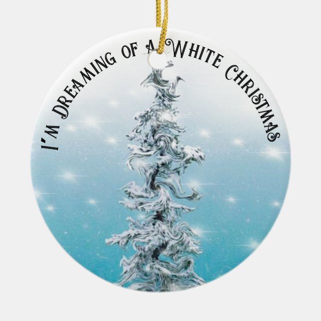 Minimal blue frosty silver sparkling evergreen ceramic ornament (Front)