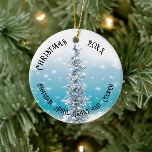 Minimal blue frosty silver sparkling evergreen ceramic ornament