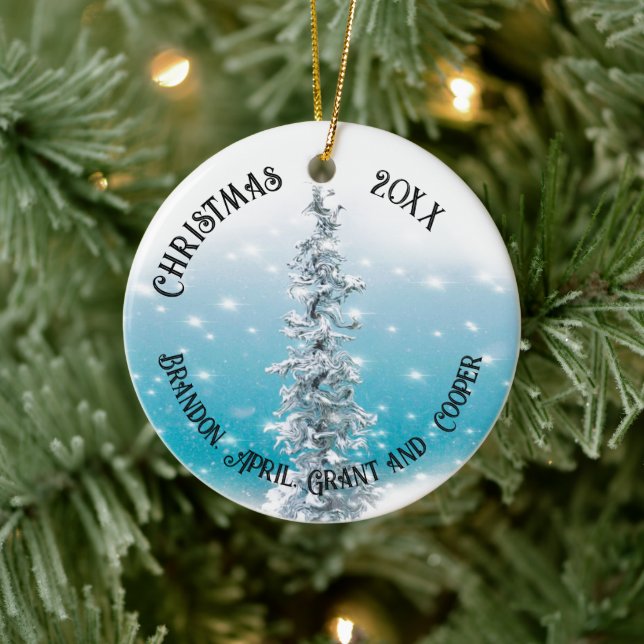 Minimal blue frosty silver sparkling evergreen ceramic ornament (Tree)