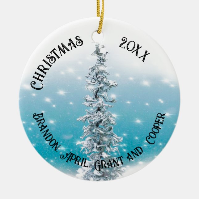 Minimal blue frosty silver sparkling evergreen ceramic ornament (Front)