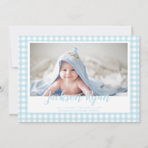 Minimal Blue Gingham Check Pattern Photo Birth Announcement