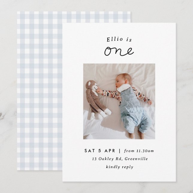 Minimal Blue Gingham Photo 1st Birthday Invite (Front/Back)