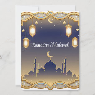 Minimal Blue & Gold Mosque Ramadan Mubarak Holiday Card