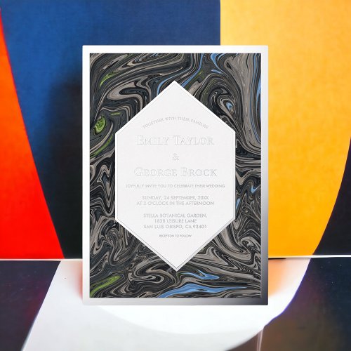 Minimal Blue Gray Waves Abstract Wedding Silver Foil Invitation