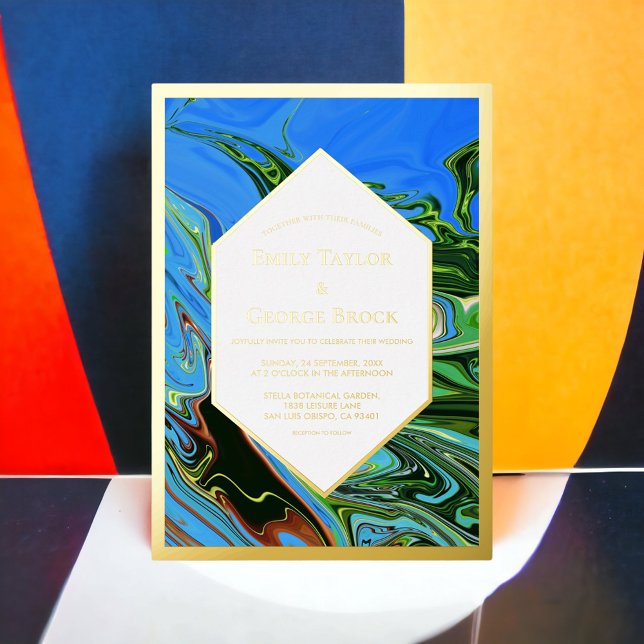 Minimal Blue Green Abstract Painting Wedding Gold Foil Invitation (Creator Uploaded)