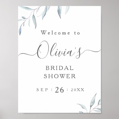 Minimal blue greenery bridal shower welcome sign