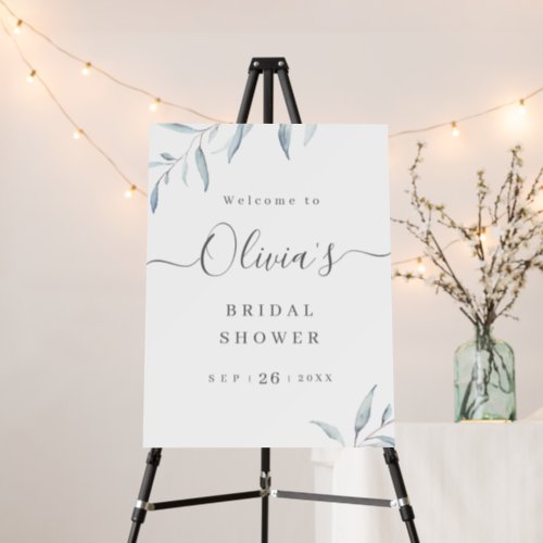 minimal blue greenery bridal shower welcome sign