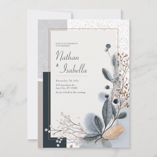 Minimal Blue Grey Gold Botanical Glitter Wedding Invitation (Front)