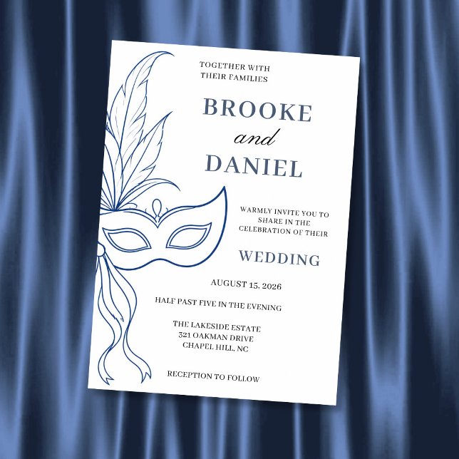 Minimal Blue Line Masquerade Wedding Invitation (Creator Uploaded)
