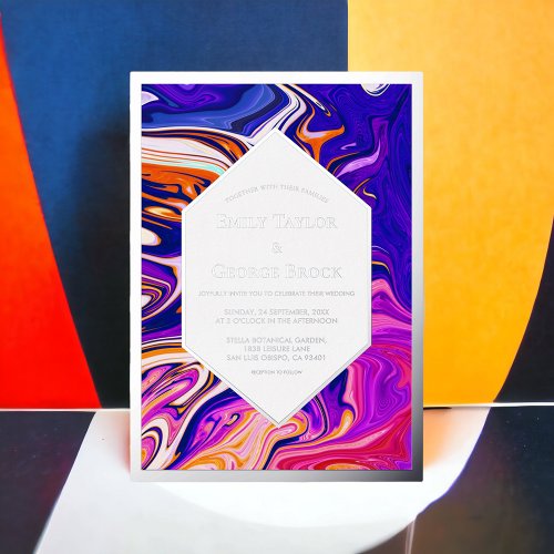 Minimal Blue Mauve Galaxy Abstract Wedding Silver Foil Invitation