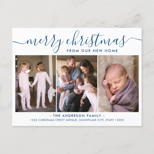 Minimal Blue Merry Christmas Photo Holiday Moving Announcement Postcard