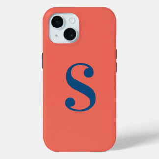 Minimal Blue Monogram on Orange iPhone 15 Case