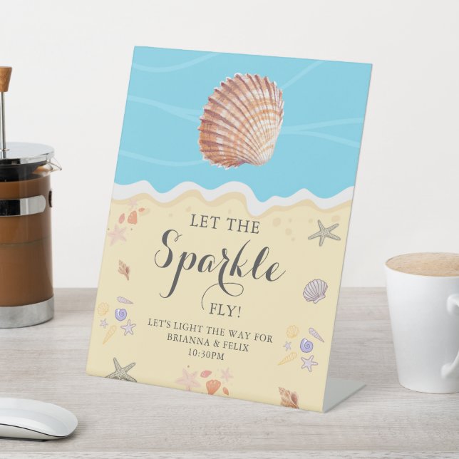 Minimal Blue Ocean Summer Wedding Sparkle  Pedestal Sign (In SItu)