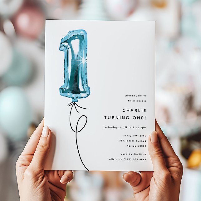 Minimal Blue One Balloon 1st Birthday Party Invitation (Creator Uploaded)