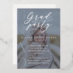 Minimal Blue Photo Grad Party Modern Calligraphy Foil Invitation