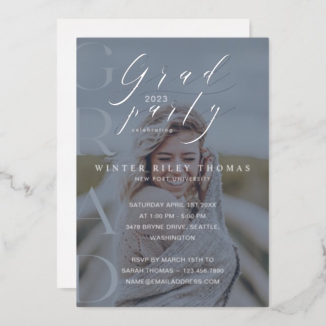 Minimal Blue Photo Grad Party Modern Calligraphy Foil Invitation (Front/Back)