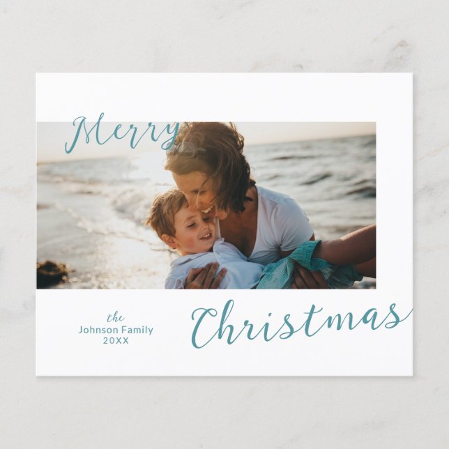Minimal Blue Photo Modern Budget Christmas Card (Front)