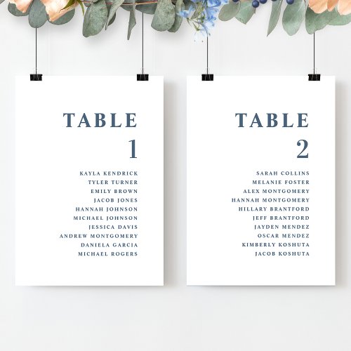 Minimal Blue Seating Plan Cards with Guest Names