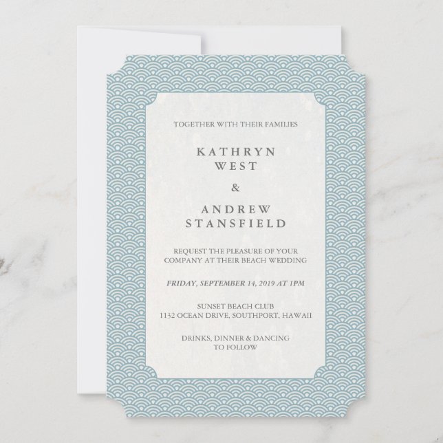 Minimal Blue Small Waves Wedding Invitation (Front)