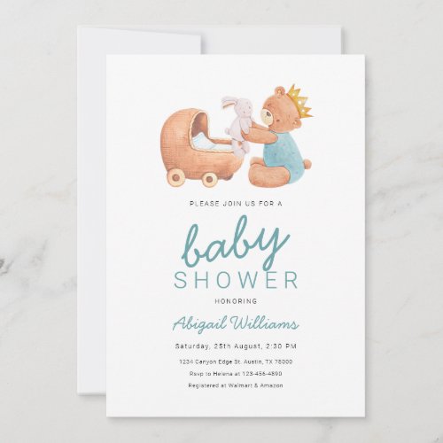 Minimal Blue Teddy Bear Prince Playing Baby Shower Invitation