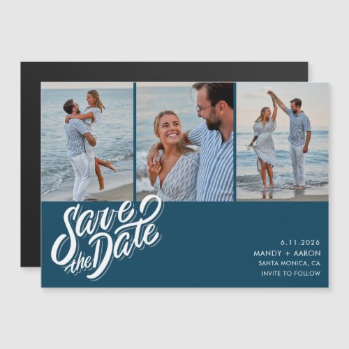 Minimal Blue Three Photo Wedding Save the Date Magnetic Invitation