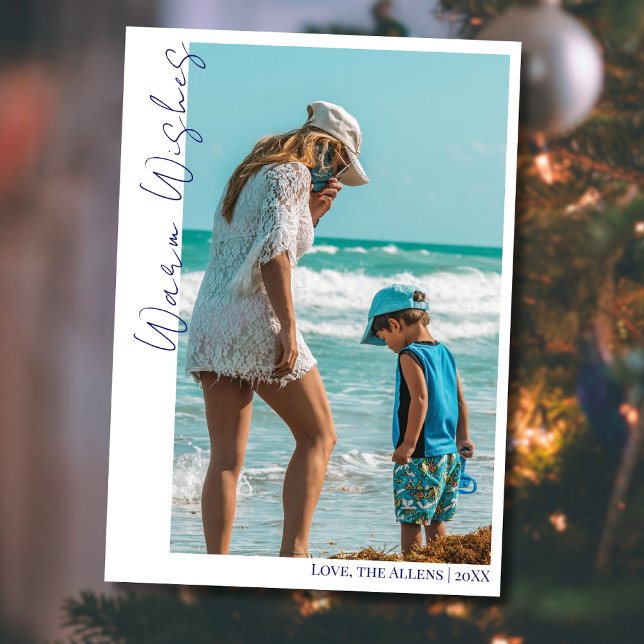 Minimal Blue Warm Wishes Two Beach Family Photo  Holiday Card (Creator Uploaded)