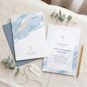 Minimal Blue Watercolor Arch Cross Baptism Invitation