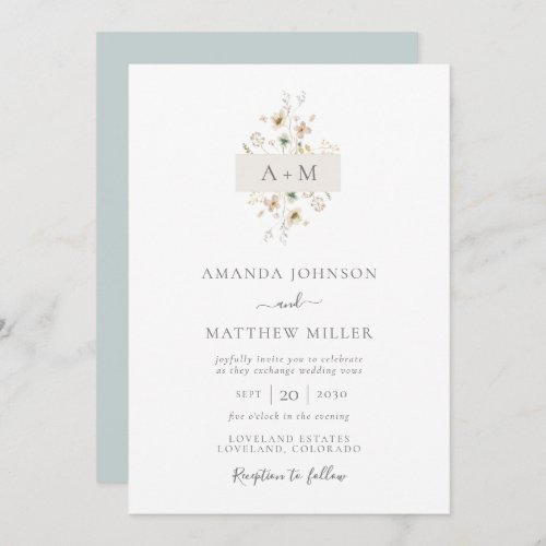 Minimal Blue Watercolor Floral Monogram Wedding Invitation