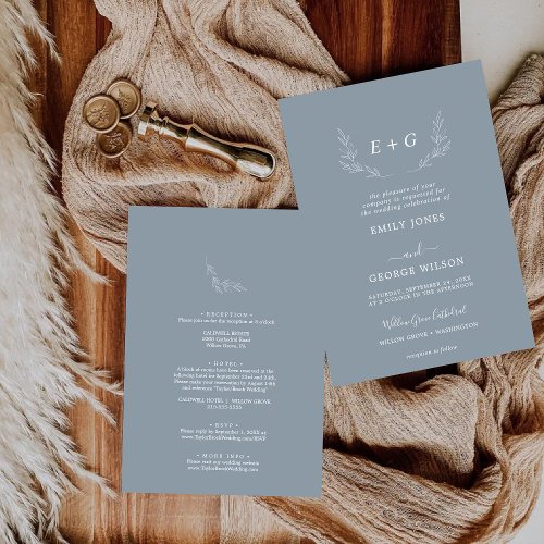 Minimal Blue  White Formal All in One wedding Invitation