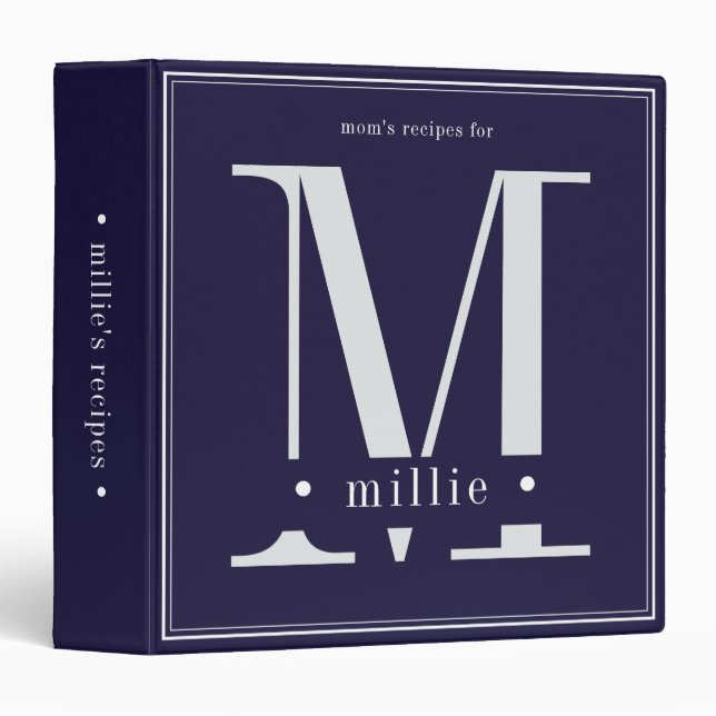 Minimal Blue White Monogram Mom's Recipes 3 Ring Binder (Front/Spine)