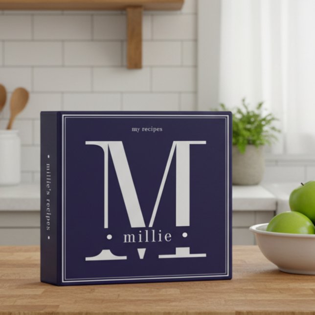Minimal Blue White Monogram Recipes 3 Ring Binder (Creator Uploaded)