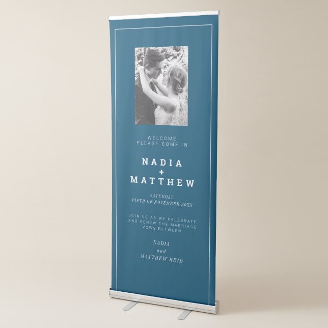 Minimal blue white photo wedding renewal party retractable banner (3/4)