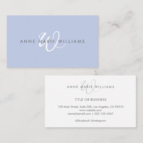Minimal Blue White Script Monogram Business Card