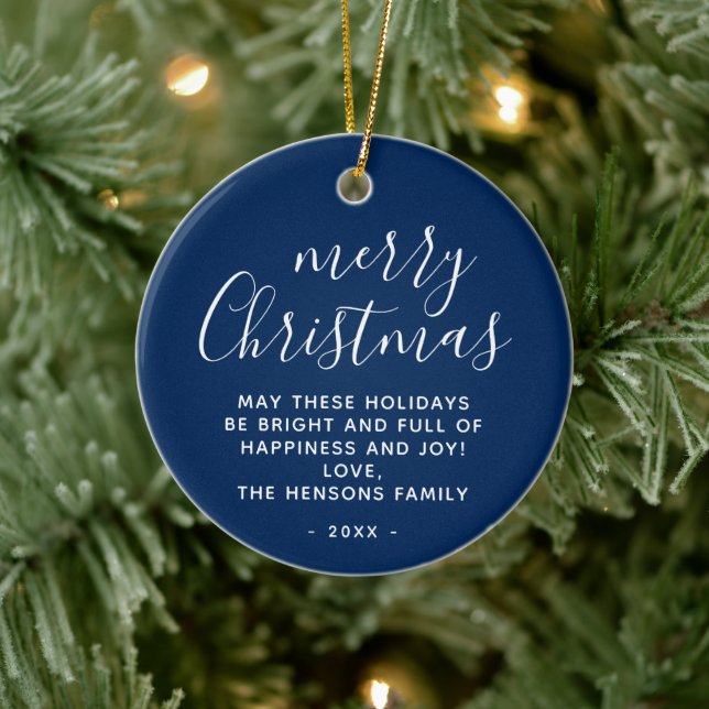 Minimal Blue White Wishes Merry Christmas Script Ceramic Ornament (Tree)