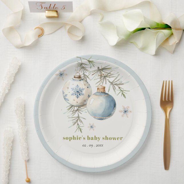 Minimal Blue Winter Chirstmas Boy Baby Shower Paper Plates (Wedding)