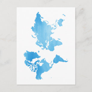 Minimal Blue World Map Watercolor Art Holiday Postcard