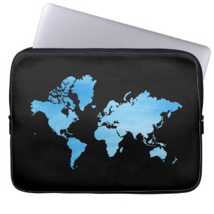 Minimal Blue World Map Watercolor Art Laptop Sleeve
