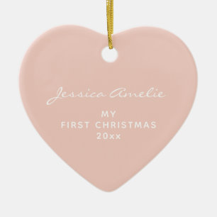 Minimal Blush Baby First Christmas Photo Heart Ceramic Ornament