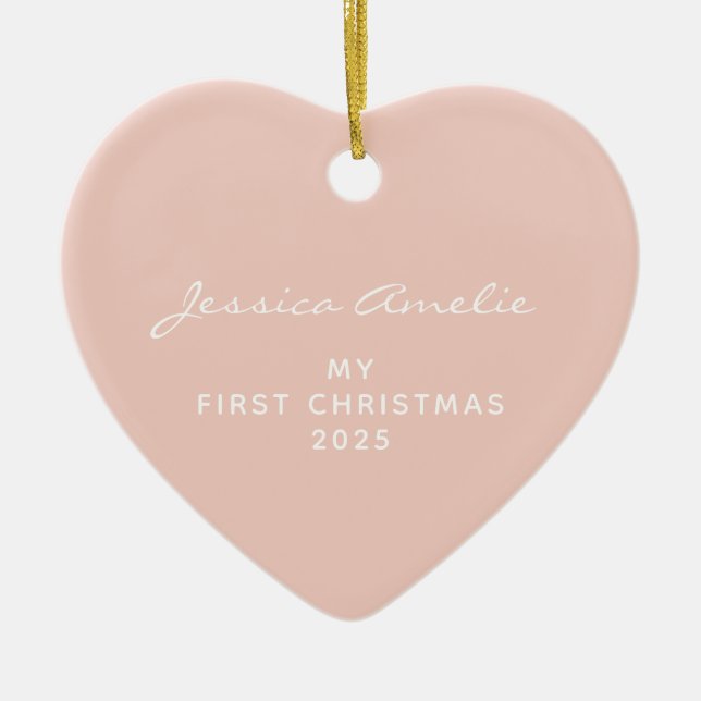Minimal Blush Baby First Christmas Photo Heart Ceramic Ornament (Front)