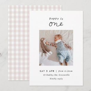 Minimal Blush Gingham Photo 1st Birthday Invite
