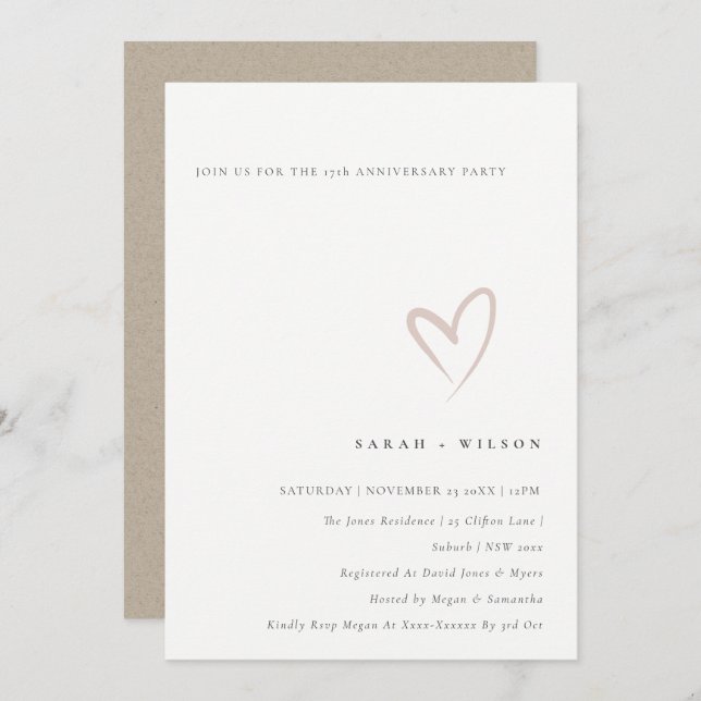 Minimal Blush Heart Any Year Anniversary Invite (Front/Back)