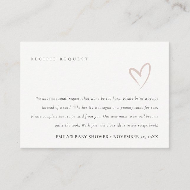 Minimal Blush Heart Baby Shower Recipe Request Enclosure Card (Front)