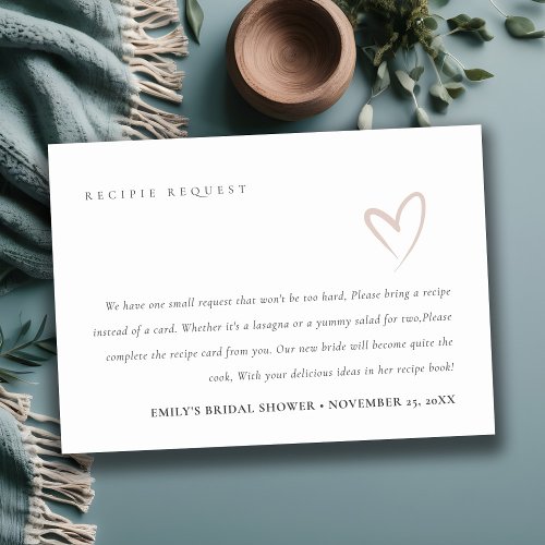 Minimal Blush Heart Bridal Shower Recipe Request Enclosure Card