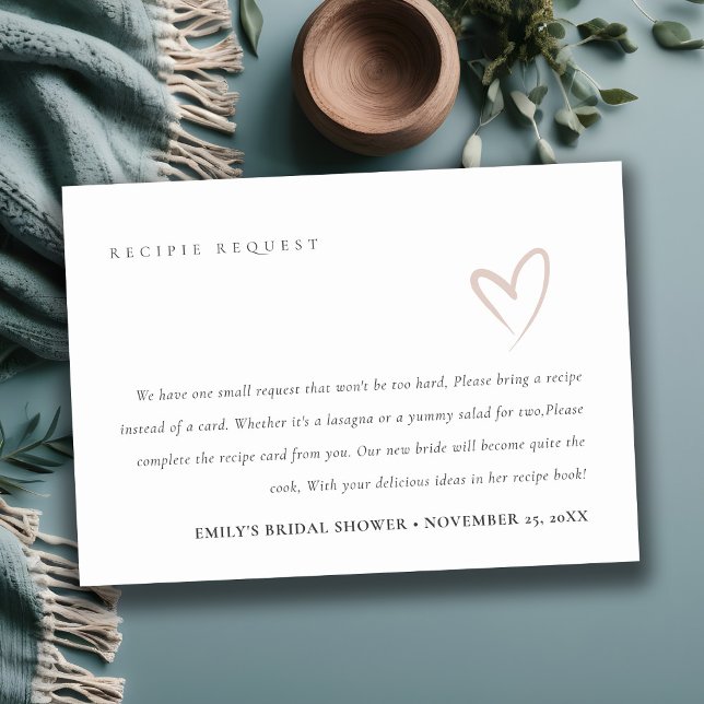 Minimal Blush Heart Bridal Shower Recipe Request Enclosure Card (Creator Uploaded)