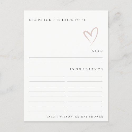 Minimal Blush Heart Bridal Shower Recipe Request Postcard