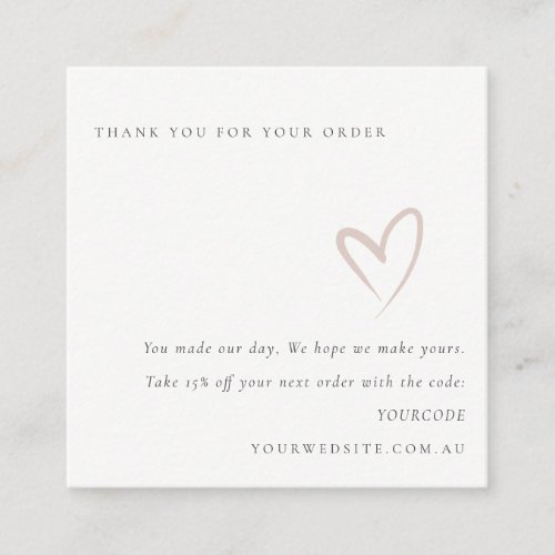 Minimal Blush Heart Logo Thank You For Your Order  Square Business Card