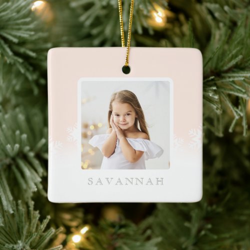 Minimal Blush Pink Ombre  Snowflake Two Photo Ceramic Ornament