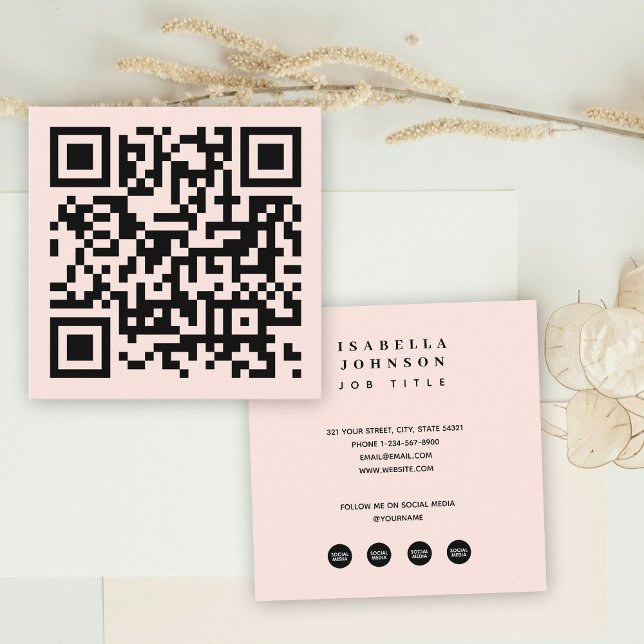 Minimal Blush Pink QR Code Social Media Icons Square Business Card (Minimal Blush Pink QR Code Social Media Icons Square Business Card)